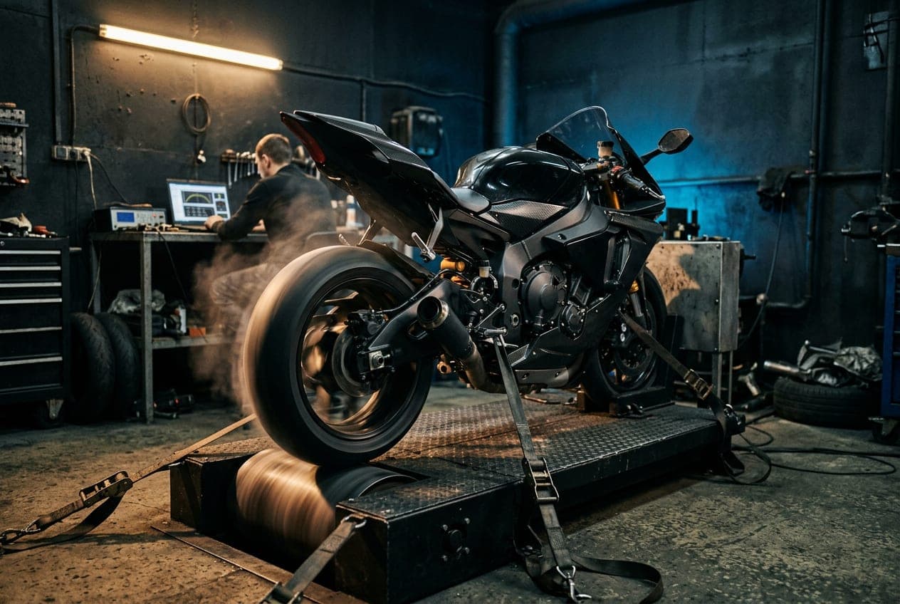 Sportbike strapped to the chassis dyno, rear wheel spinning on the roller