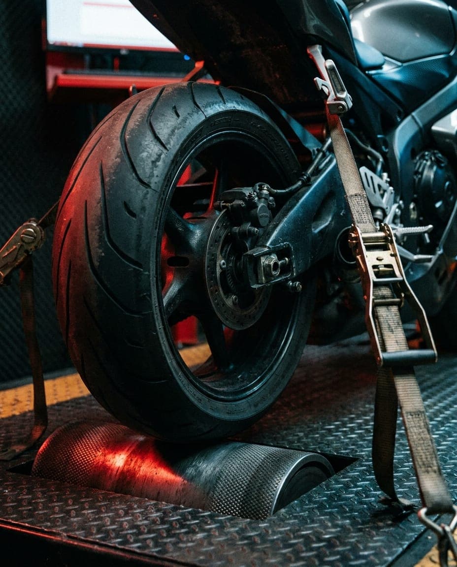 Close-up of the dyno roller and rear tire under the tie-down straps