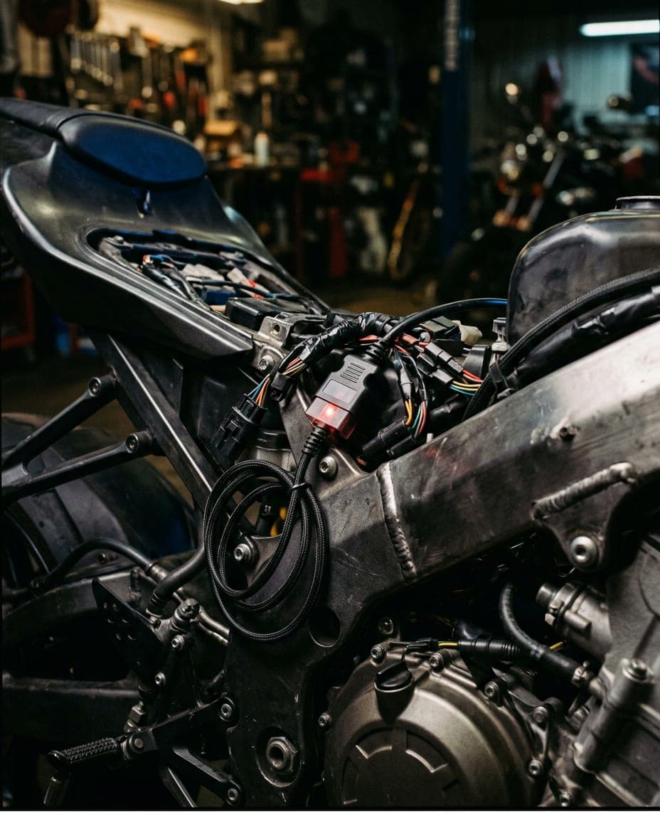 Flashing cable plugged into the connector under a sportbike seat