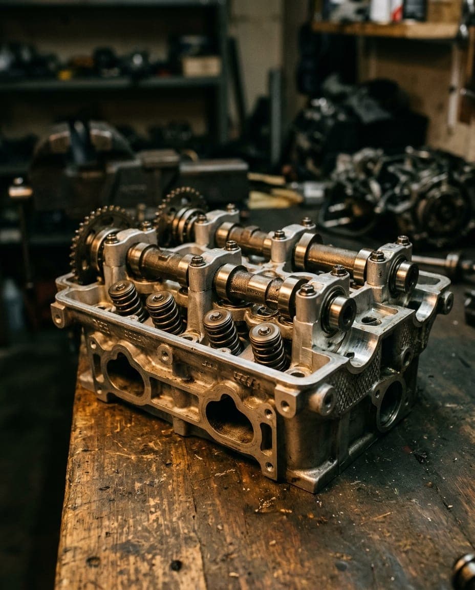 Cylinder head on the bench with valves and camshaft visible
