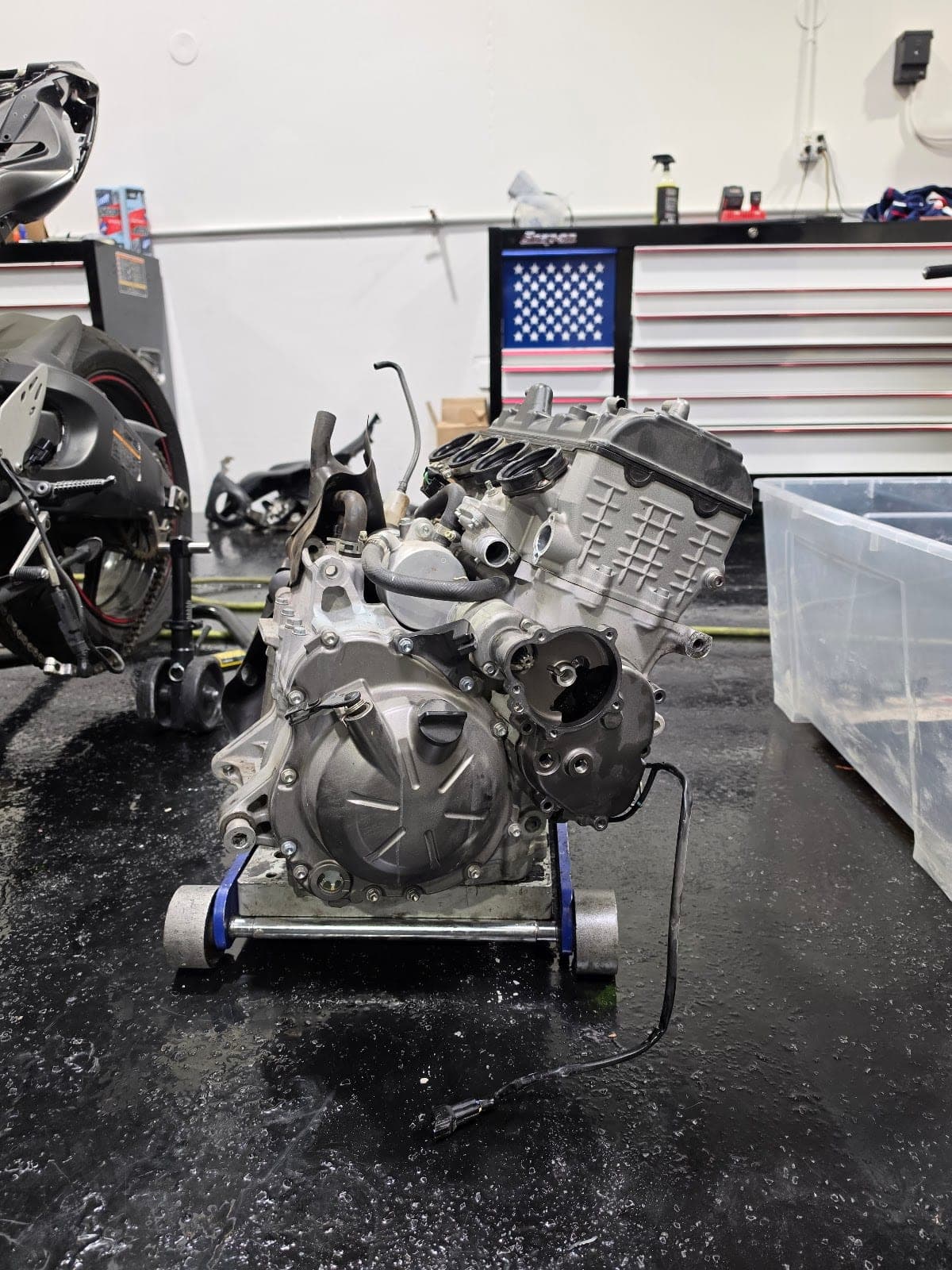 Engine out of the frame on the bench at Alter'd Motorsports