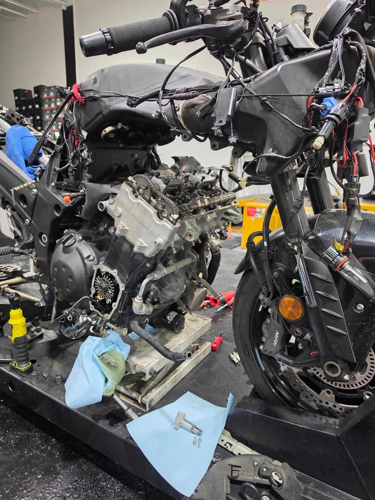 Sportbike stripped to the frame for engine work