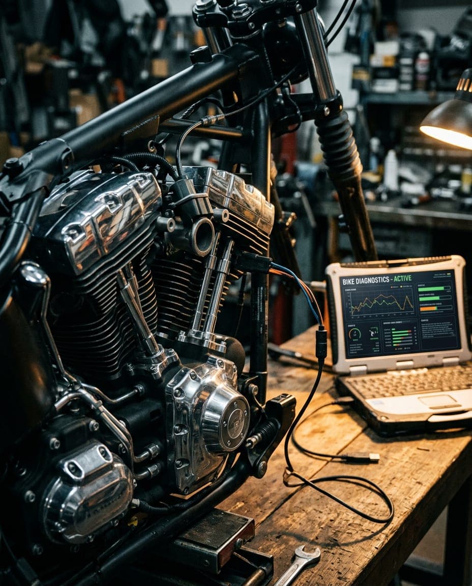 Air-cooled V-twin engine with a flashing cable and laptop beside it