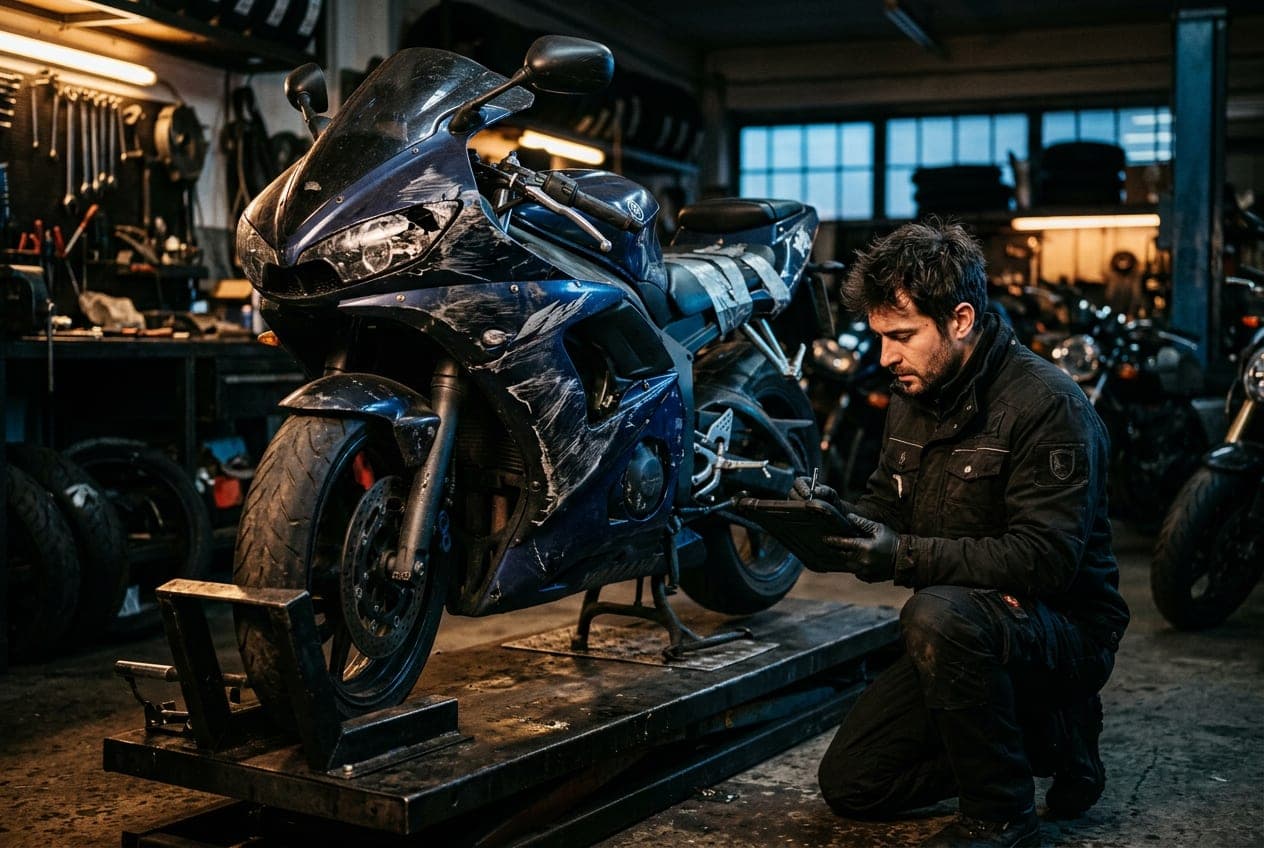 Crash-damaged sportbike on the lift being inspected for an estimate