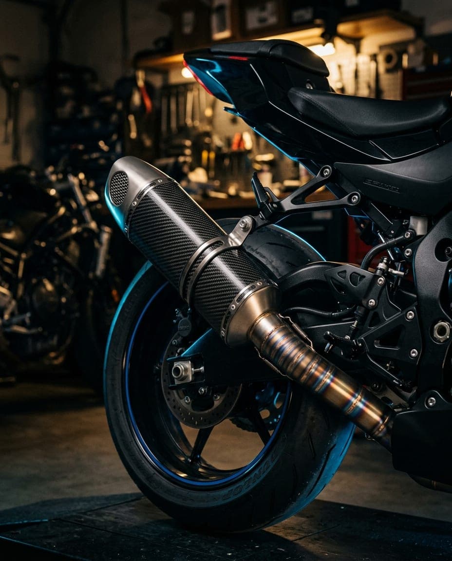 Carbon slip-on exhaust freshly installed on a sportbike