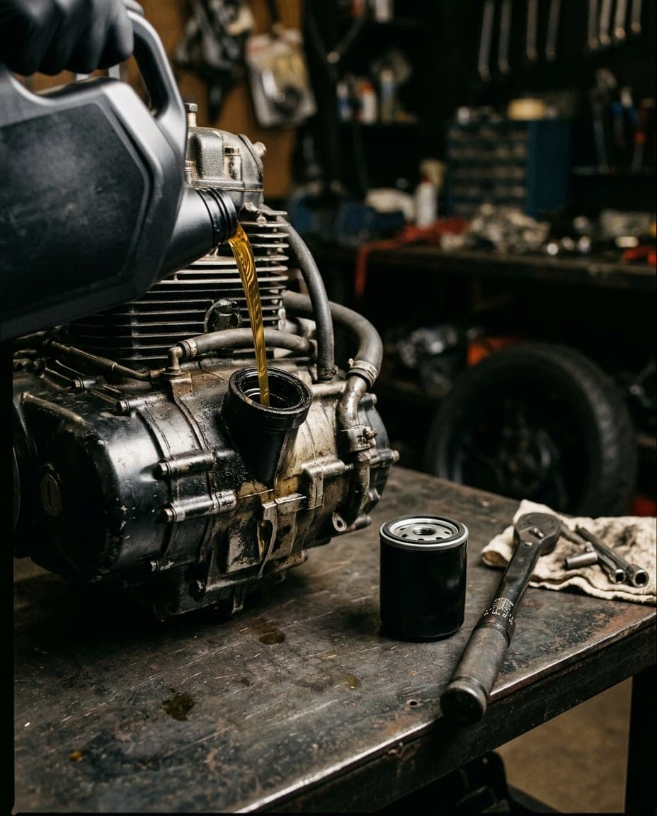 Fresh oil being poured with a new filter and torque wrench on the bench