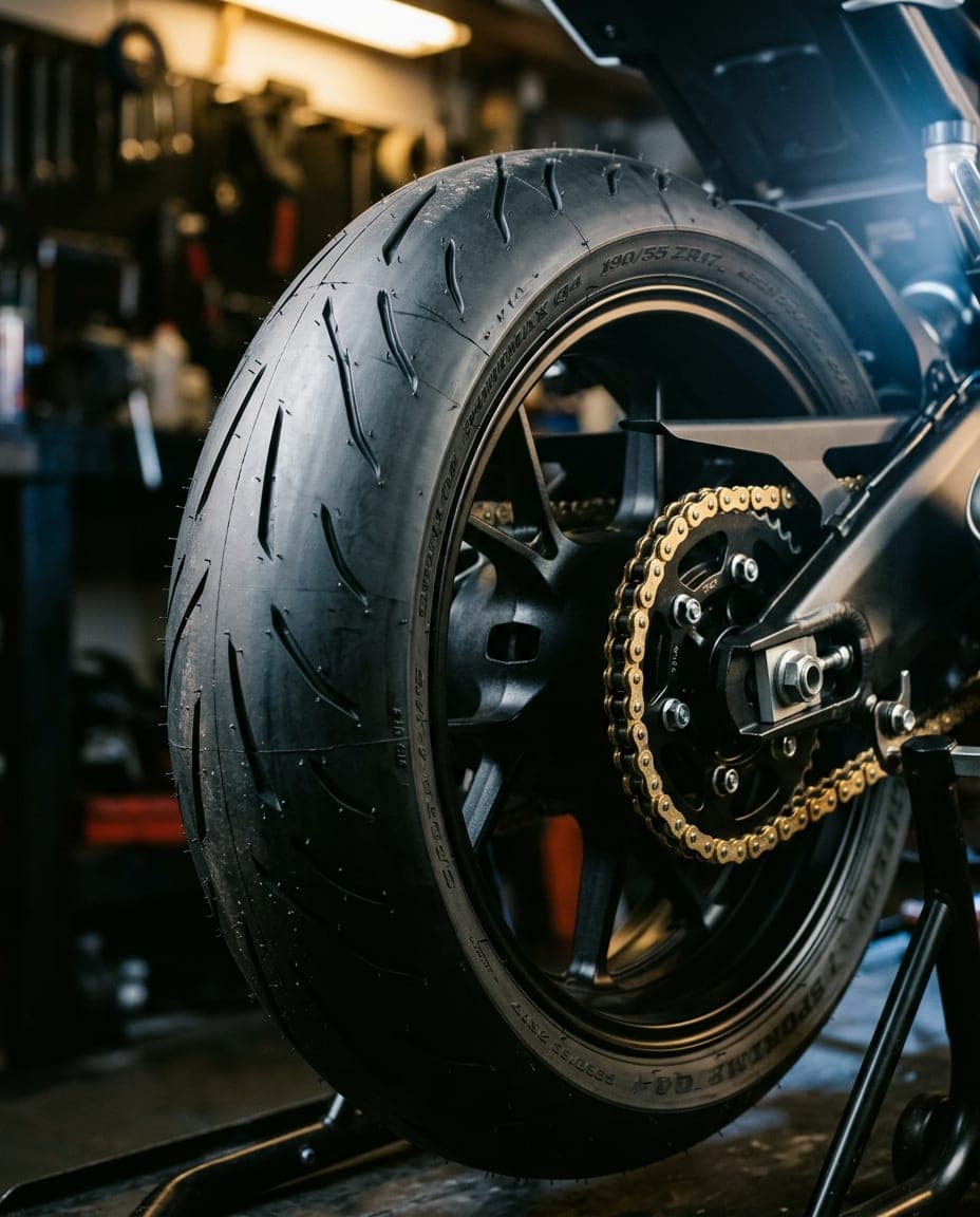 New rear tire on a black wheel beside a new chain and sprocket